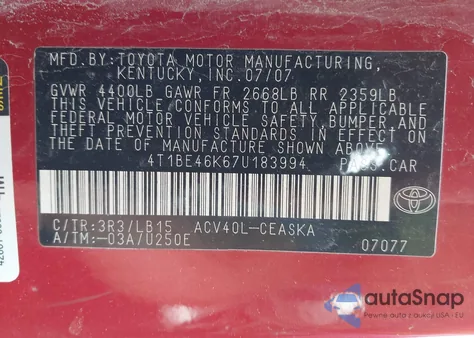 2007 Toyota Camry Se from USA, damaged, VIN 4T1BE46K67U183994